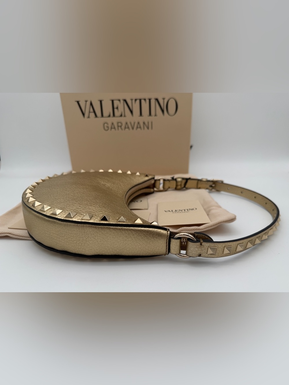 NEW VALENTINO GARAVANI LEATHER ROCKSTUD MINI HOBO GOLD BAG PURSE AUTHENTIC! - Picture 9 of 14